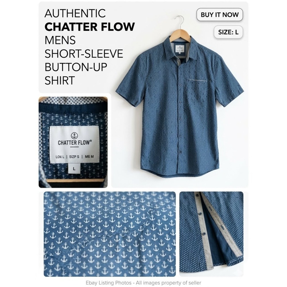 Craft + Flow Mens Large Navy Blue Anchor Print Short Sleeve Button Up Shirt L